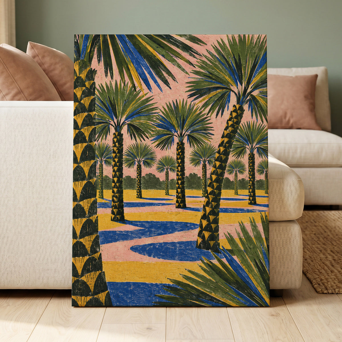 Palms in Pink, green, pink, blue nature wall art displayed in a styled interior, gallery view 3
