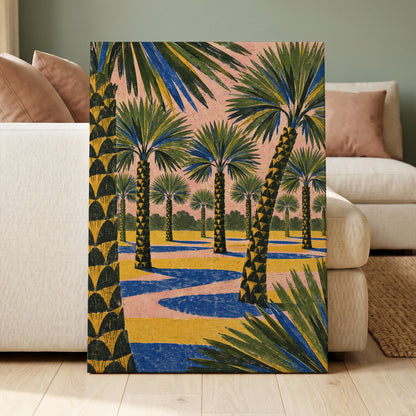 Palms in Pink, green, pink, blue nature wall art displayed in a styled interior, gallery view 3