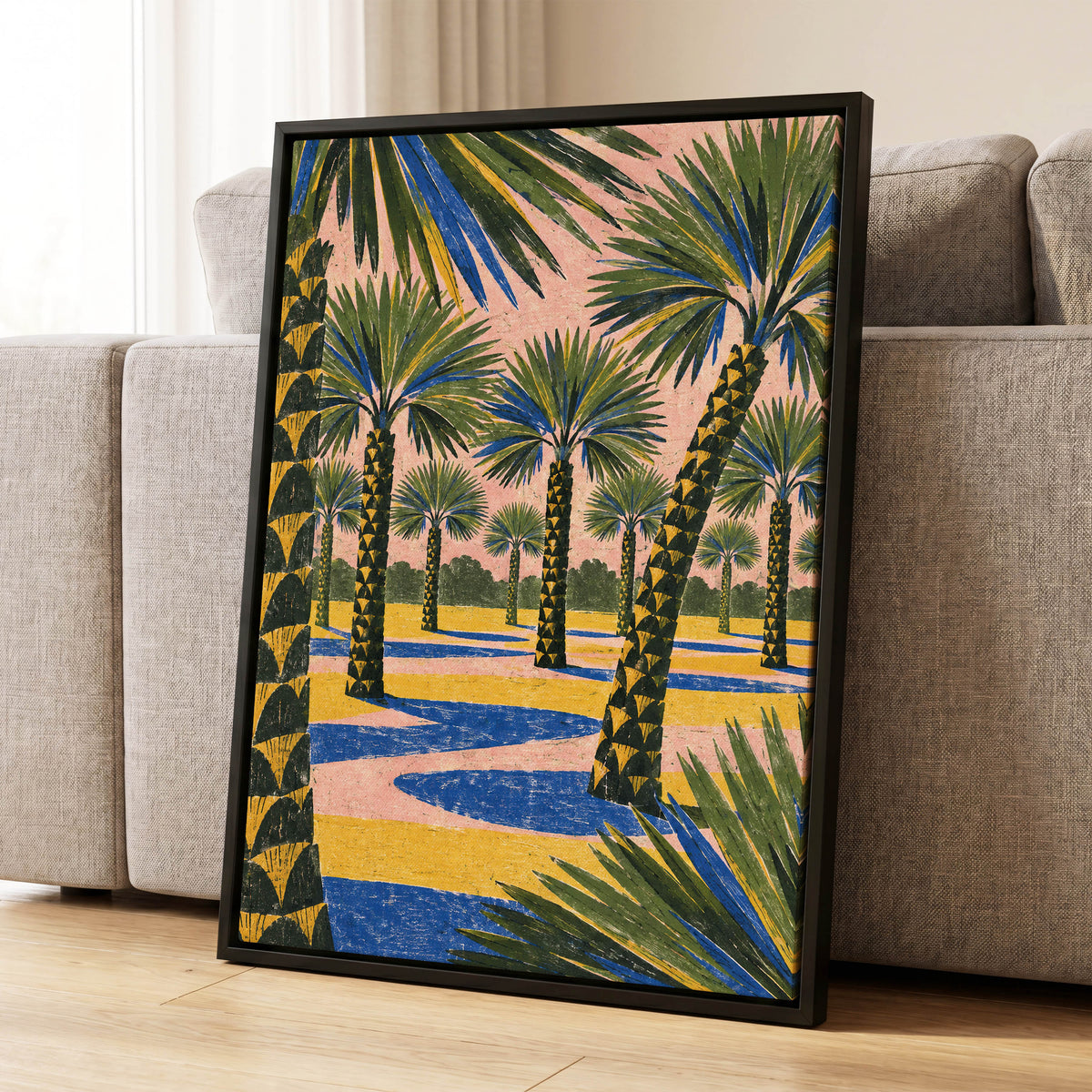Palms in Pink, green, pink, blue nature wall art displayed in a styled interior, gallery view 4