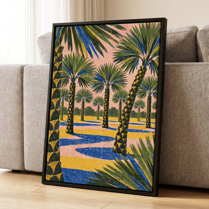 Palms in Pink, green, pink, blue nature wall art displayed in a styled interior, gallery view 4