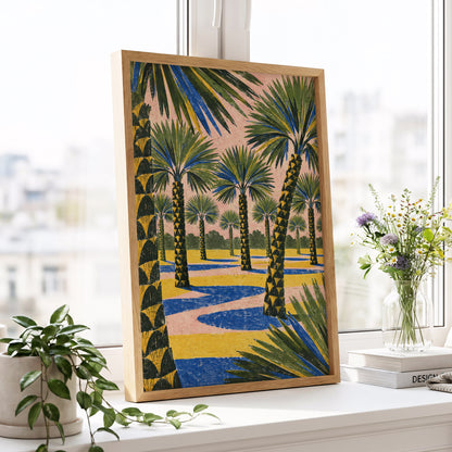Palms in Pink, green, pink, blue nature wall art displayed in a styled interior, gallery view 6