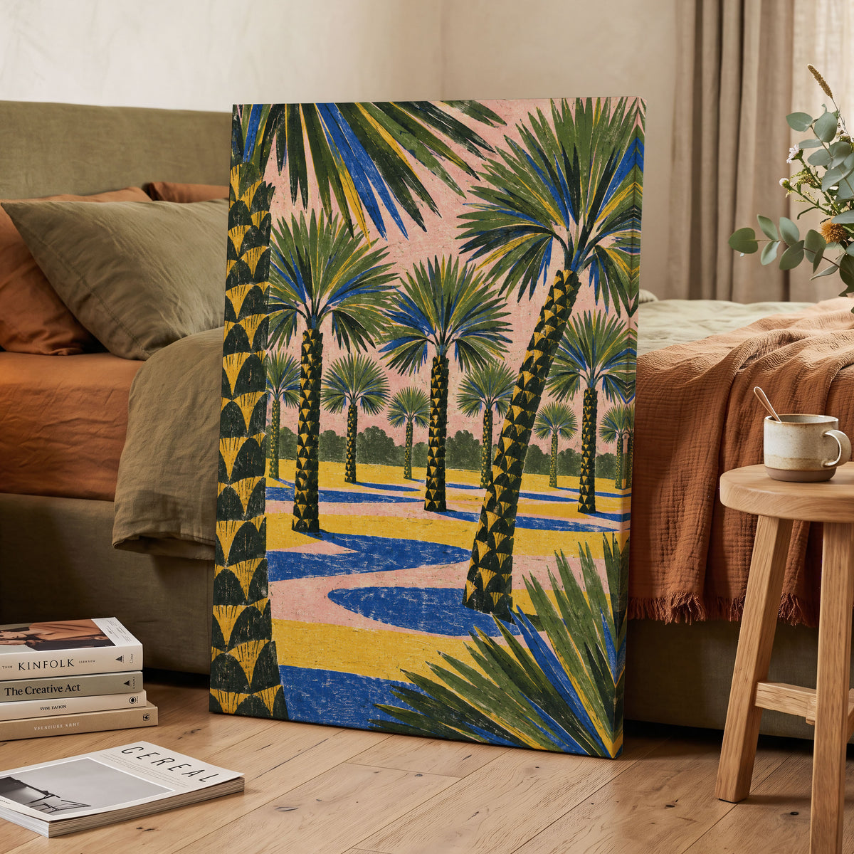 Palms in Pink, green, pink, blue nature wall art displayed in a styled interior, gallery view 7