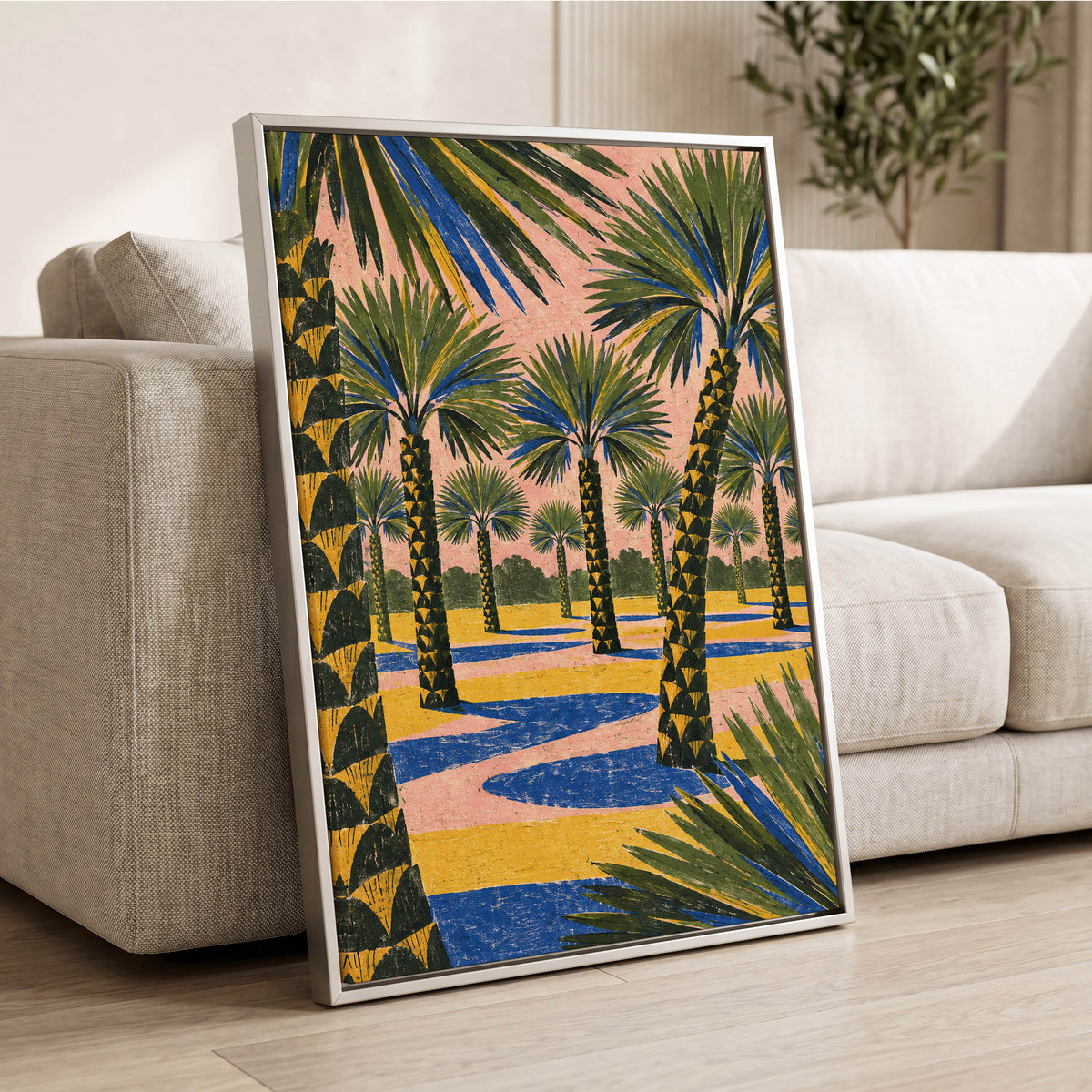 Palms in Pink, green, pink, blue nature wall art displayed in a styled interior, gallery view 8