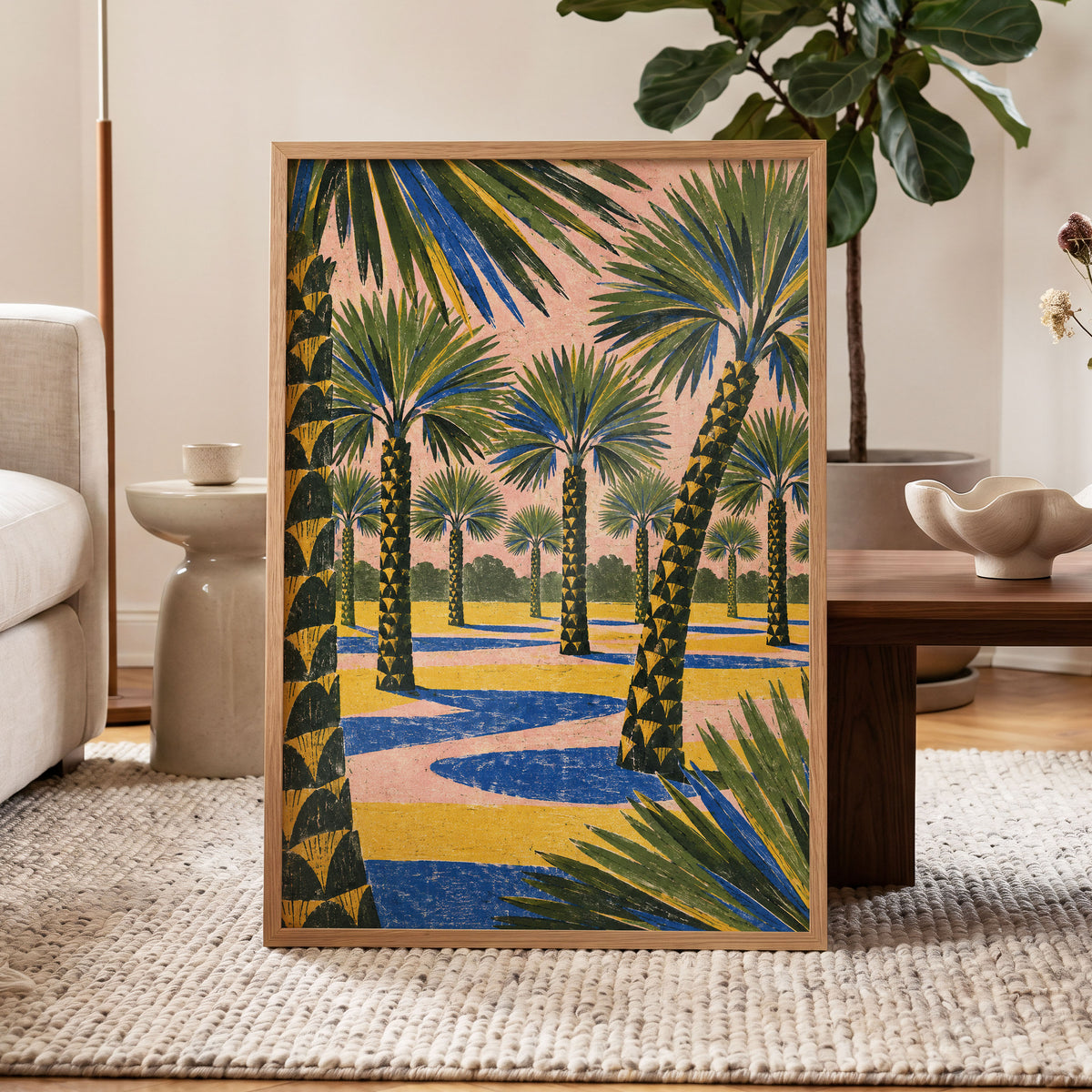 Palms in Pink, green, pink, blue nature wall art displayed in a styled interior, gallery view 9