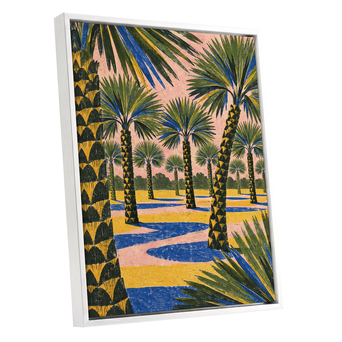 Palms in Pink, green, pink, blue nature wall art shown as a white framed canvas wall art
