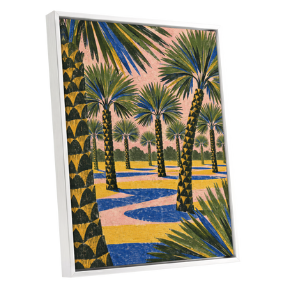Palms in Pink, green, pink, blue nature wall art shown as a white framed canvas wall art