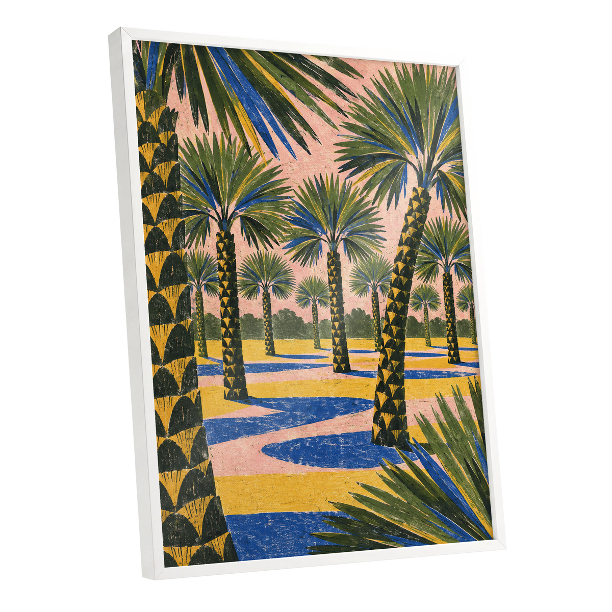 Palms in Pink, green, pink, blue nature wall art shown as a white framed poster wall art print