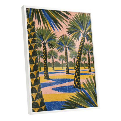 Palms in Pink, green, pink, blue nature wall art shown as a white framed poster wall art print