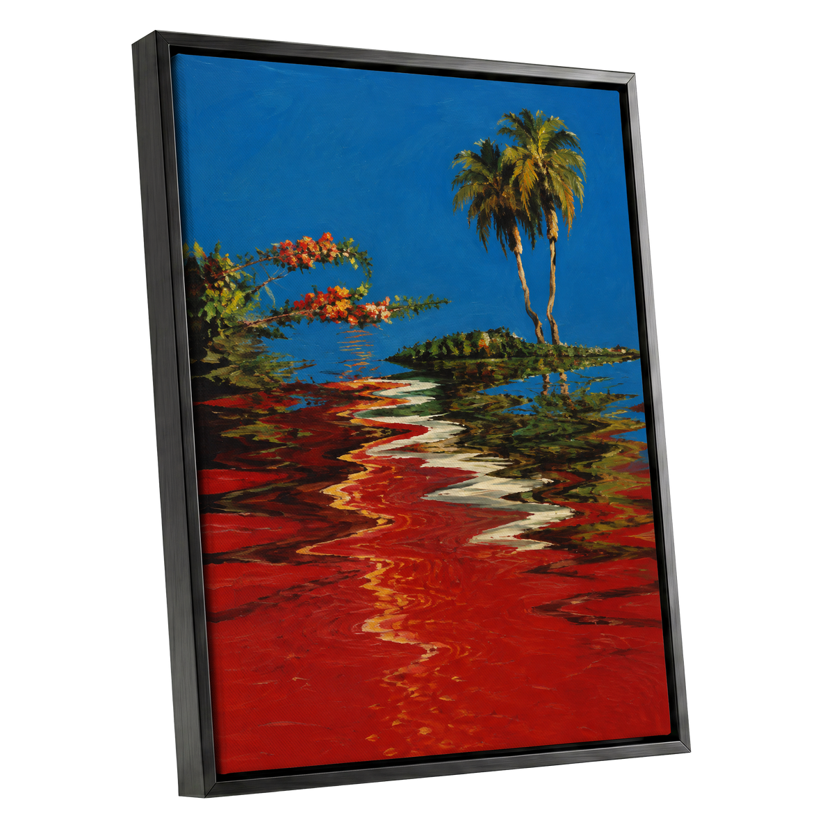 Palms on a Crimson Tide, blue, red, green nature wall art shown as a black framed canvas wall art