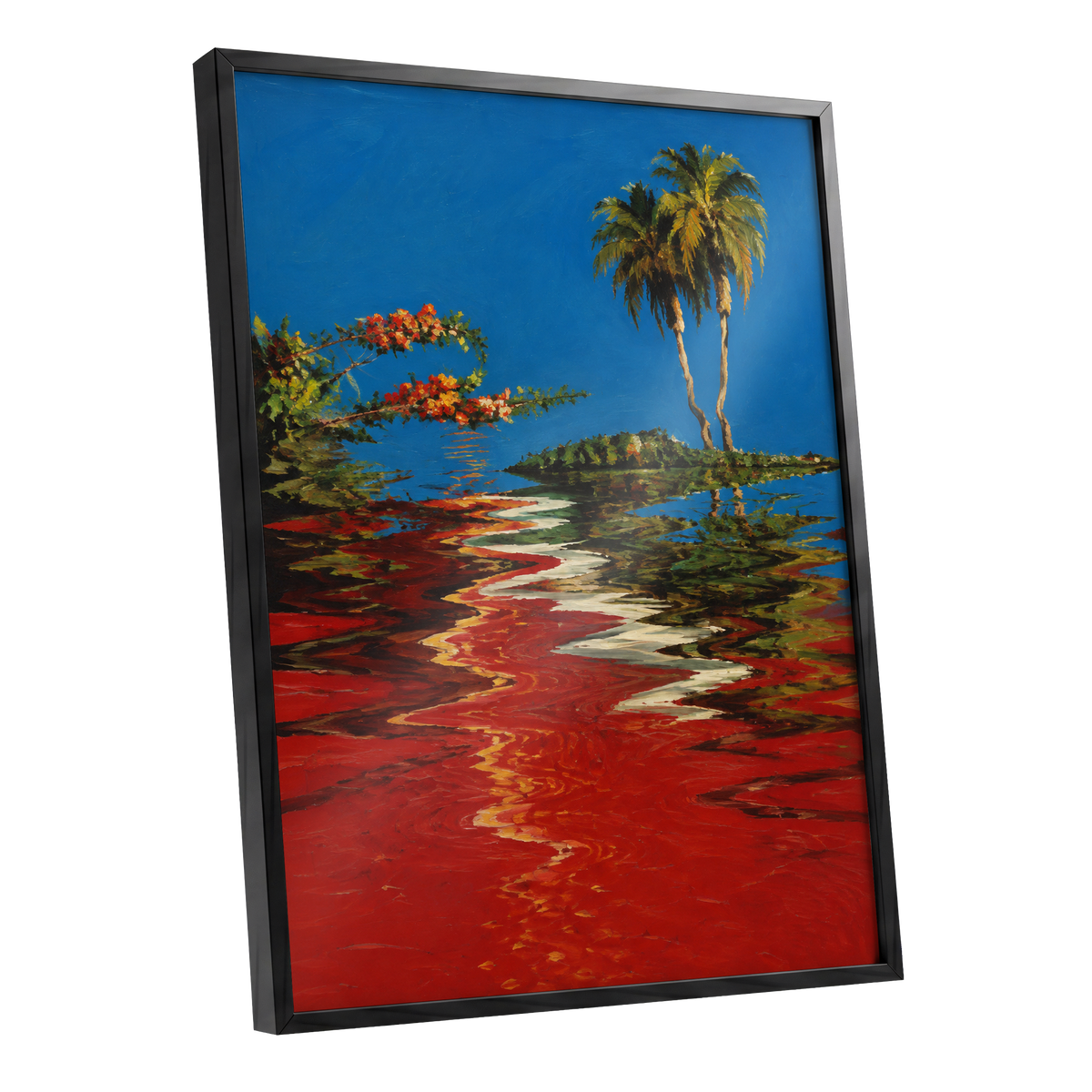 Palms on a Crimson Tide, blue, red, green nature wall art shown as a black framed poster wall art print