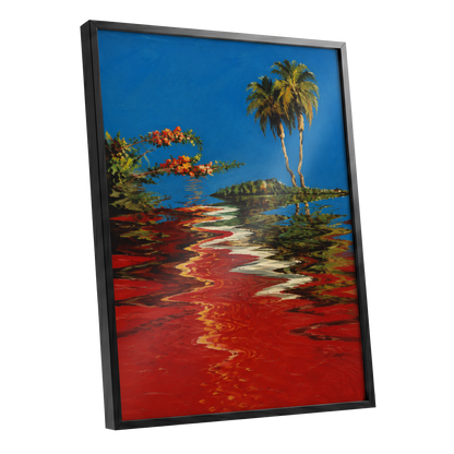Palms on a Crimson Tide, blue, red, green nature wall art shown as a black framed poster wall art print