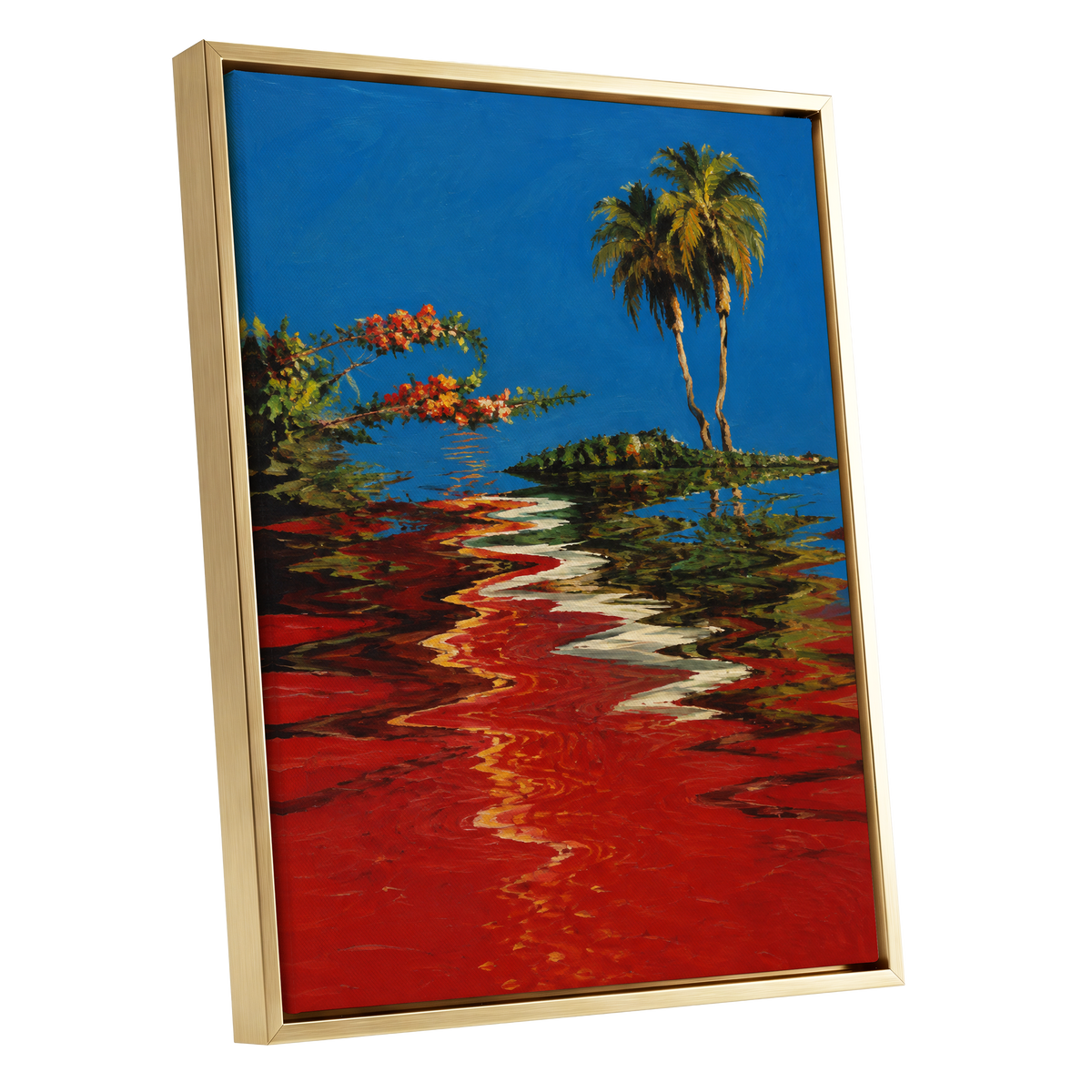 Palms on a Crimson Tide, blue, red, green nature wall art shown as a gold framed canvas wall art