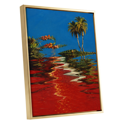 Palms on a Crimson Tide, blue, red, green nature wall art shown as a gold framed canvas wall art
