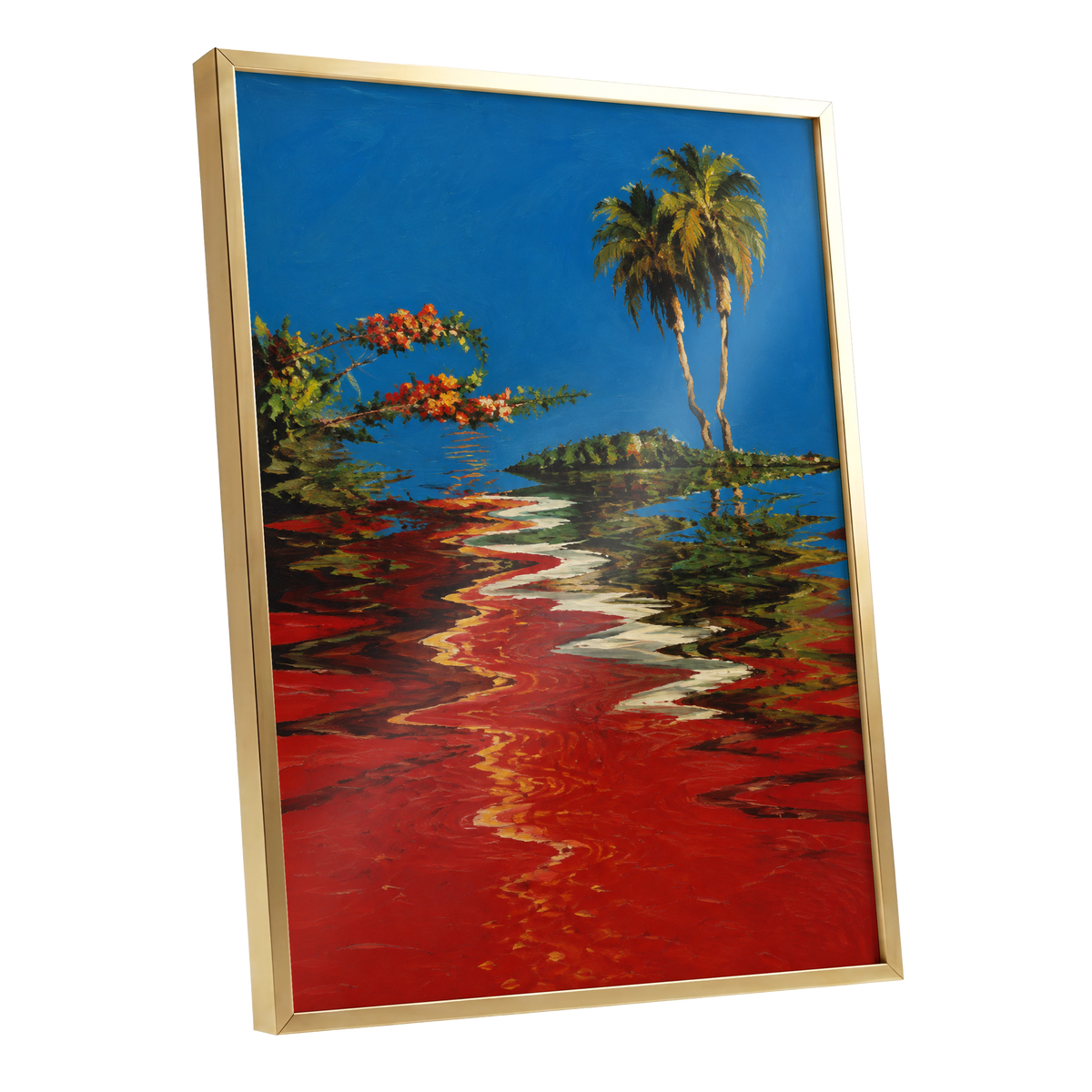 Palms on a Crimson Tide, blue, red, green nature wall art shown as a gold framed poster wall art print