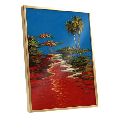 Palms on a Crimson Tide, blue, red, green nature wall art shown as a gold framed poster wall art print