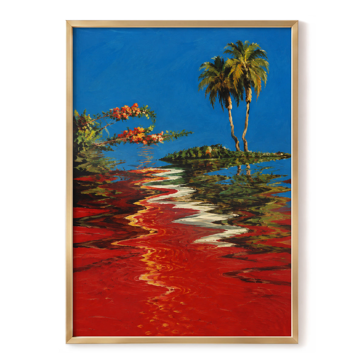 Palms on a Crimson Tide, blue, red, green nature wall art, front artwork view