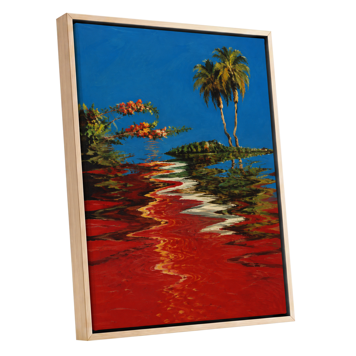 Palms on a Crimson Tide, blue, red, green nature wall art shown as a oak framed canvas wall art