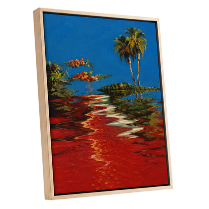Palms on a Crimson Tide, blue, red, green nature wall art shown as a oak framed canvas wall art