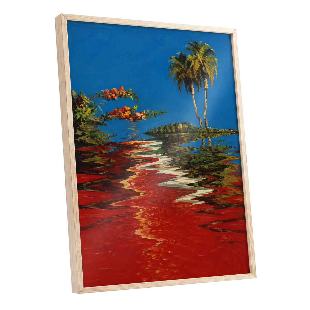 Palms on a Crimson Tide, blue, red, green nature wall art shown as a oak framed poster wall art print