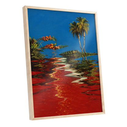 Palms on a Crimson Tide, blue, red, green nature wall art shown as a oak framed poster wall art print