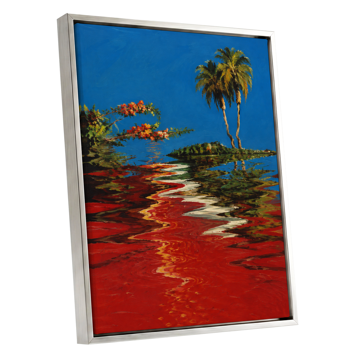 Palms on a Crimson Tide, blue, red, green nature wall art shown as a silver framed canvas wall art
