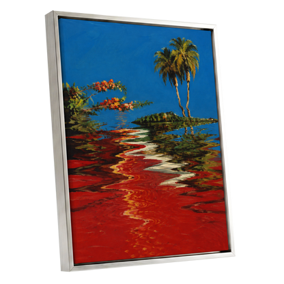 Palms on a Crimson Tide, blue, red, green nature wall art shown as a silver framed canvas wall art