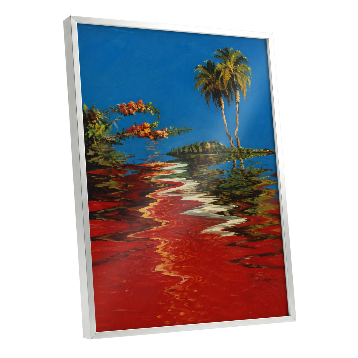 Palms on a Crimson Tide, blue, red, green nature wall art shown as a silver framed poster wall art print