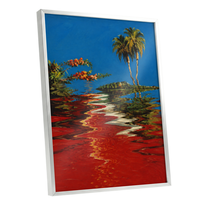 Palms on a Crimson Tide, blue, red, green nature wall art shown as a silver framed poster wall art print