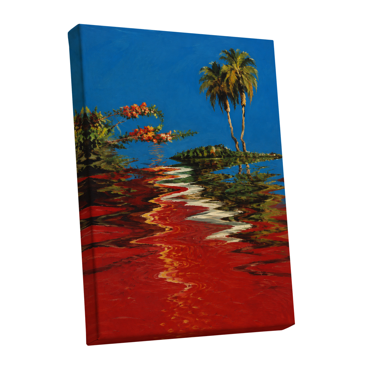 Palms on a Crimson Tide, blue, red, green nature wall art shown as a stretched canvas wall art