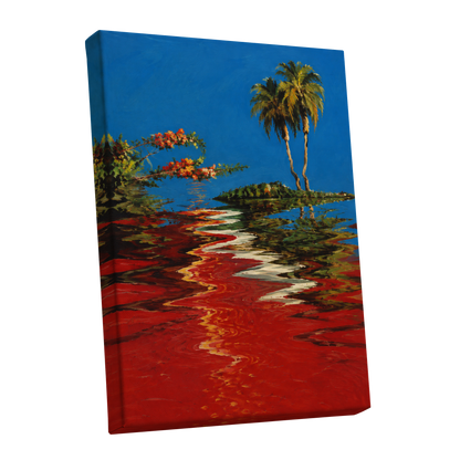 Palms on a Crimson Tide, blue, red, green nature wall art shown as a stretched canvas wall art