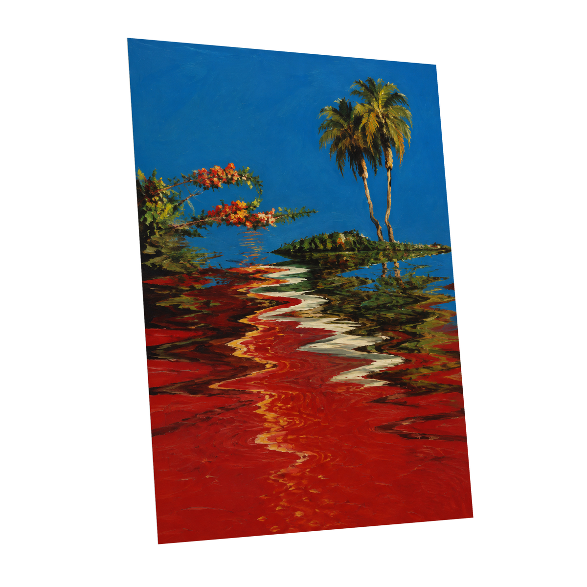 Palms on a Crimson Tide, blue, red, green nature wall art shown as a unframed poster wall art print