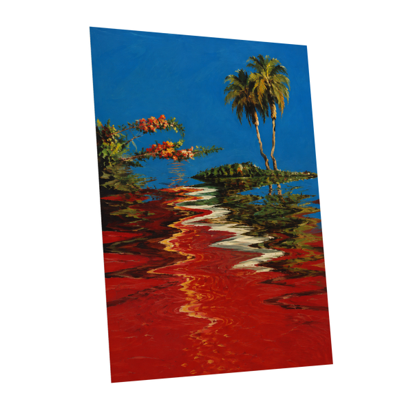 Palms on a Crimson Tide, blue, red, green nature wall art shown as a unframed poster wall art print