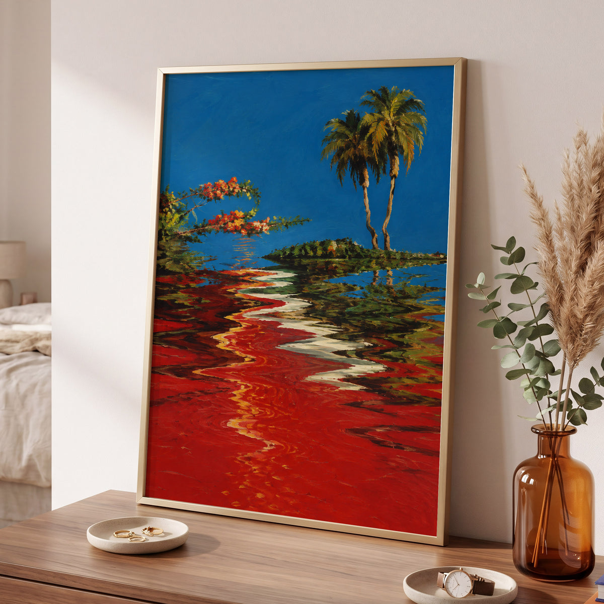 Palms on a Crimson Tide, blue, red, green nature wall art displayed in a styled interior, gallery view 2