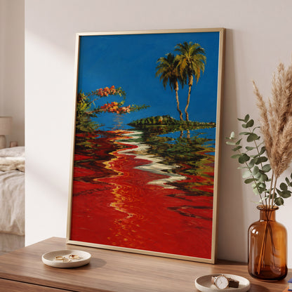 Palms on a Crimson Tide, blue, red, green nature wall art displayed in a styled interior, gallery view 2