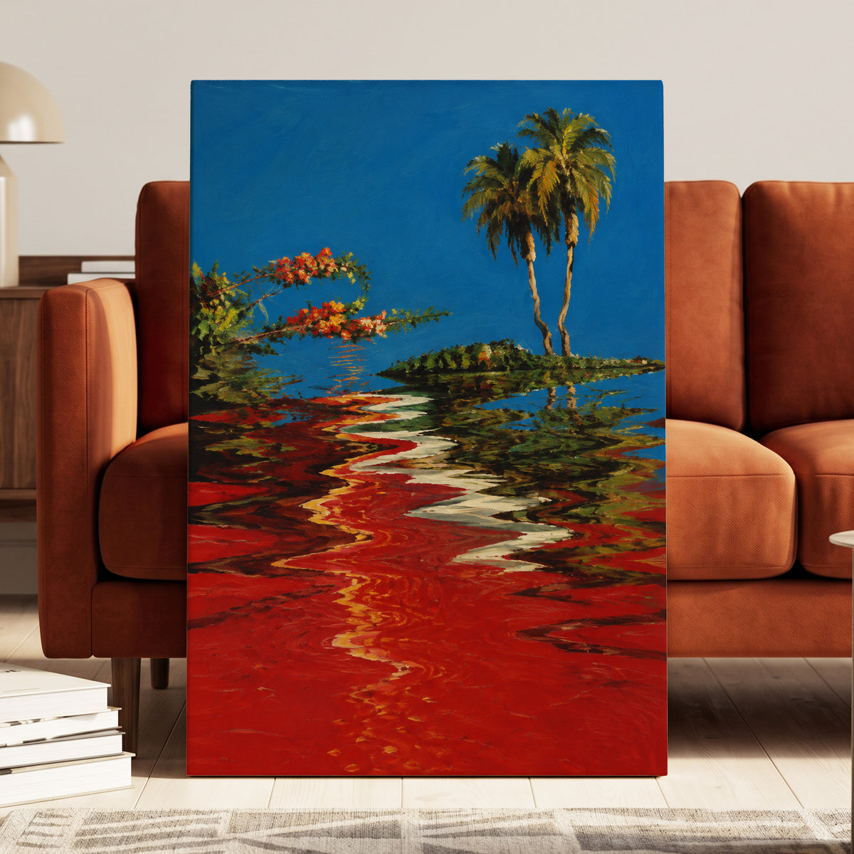 Palms on a Crimson Tide, blue, red, green nature wall art displayed in a styled interior, gallery view 3