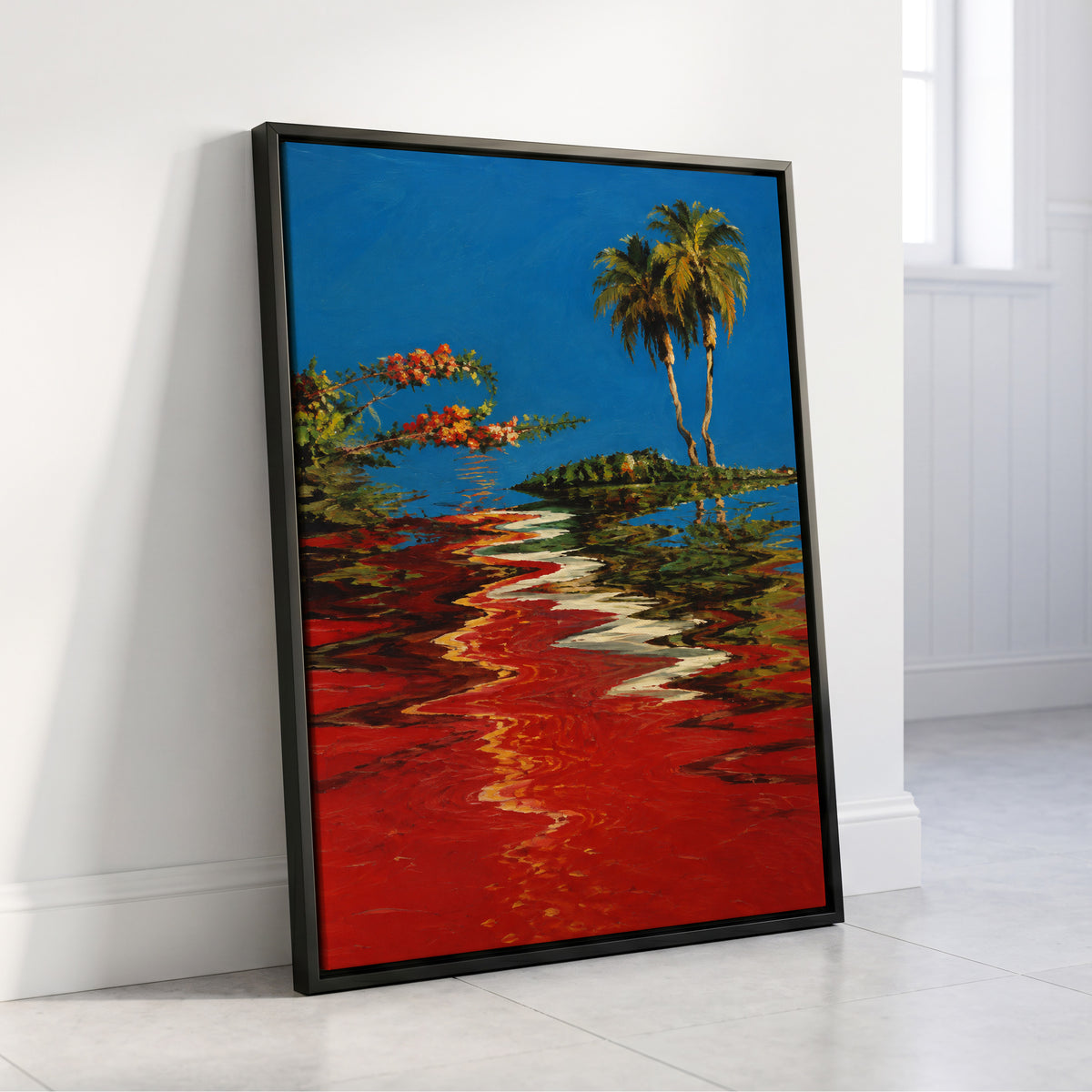 Palms on a Crimson Tide, blue, red, green nature wall art displayed in a styled interior, gallery view 4