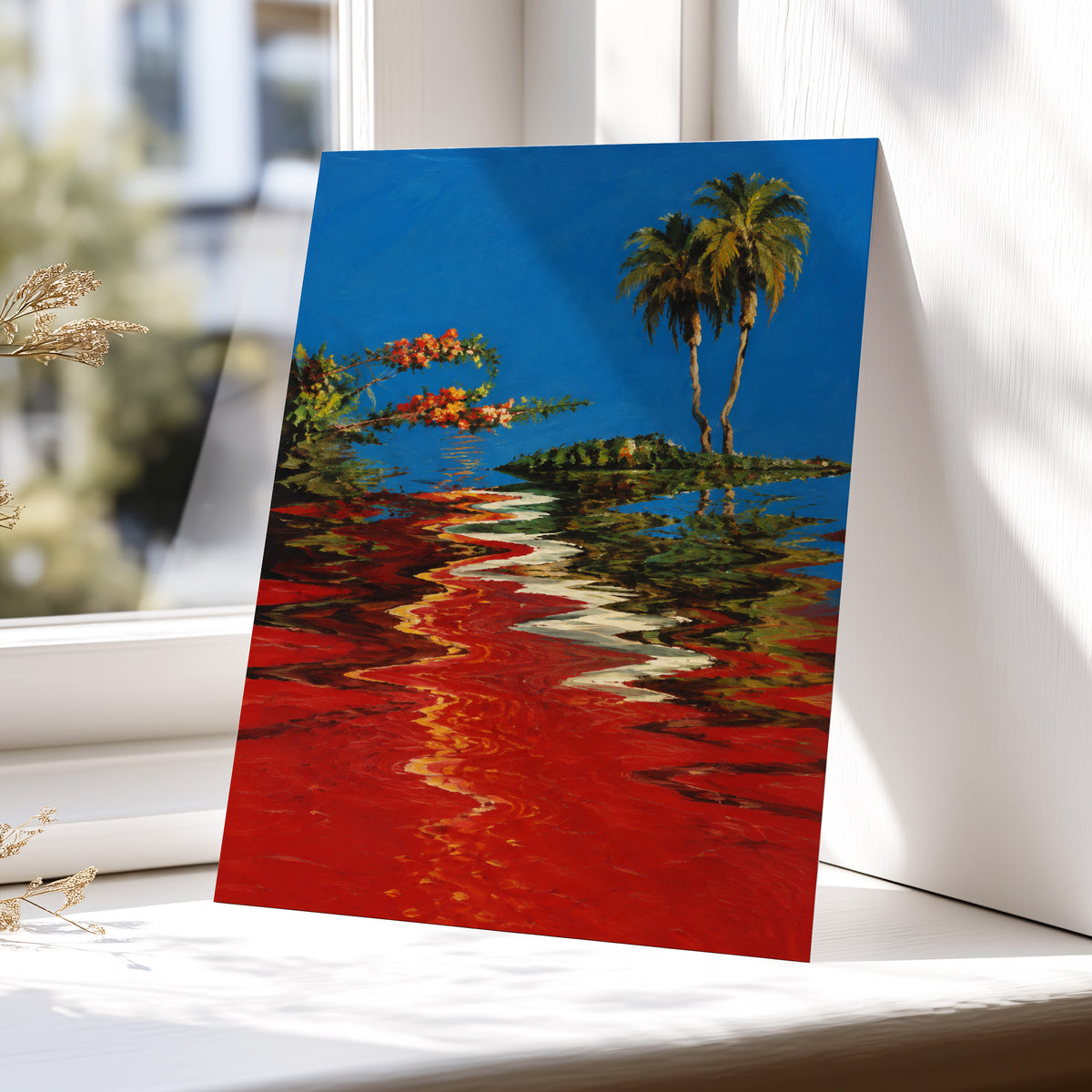 Palms on a Crimson Tide, blue, red, green nature wall art displayed in a styled interior, gallery view 5