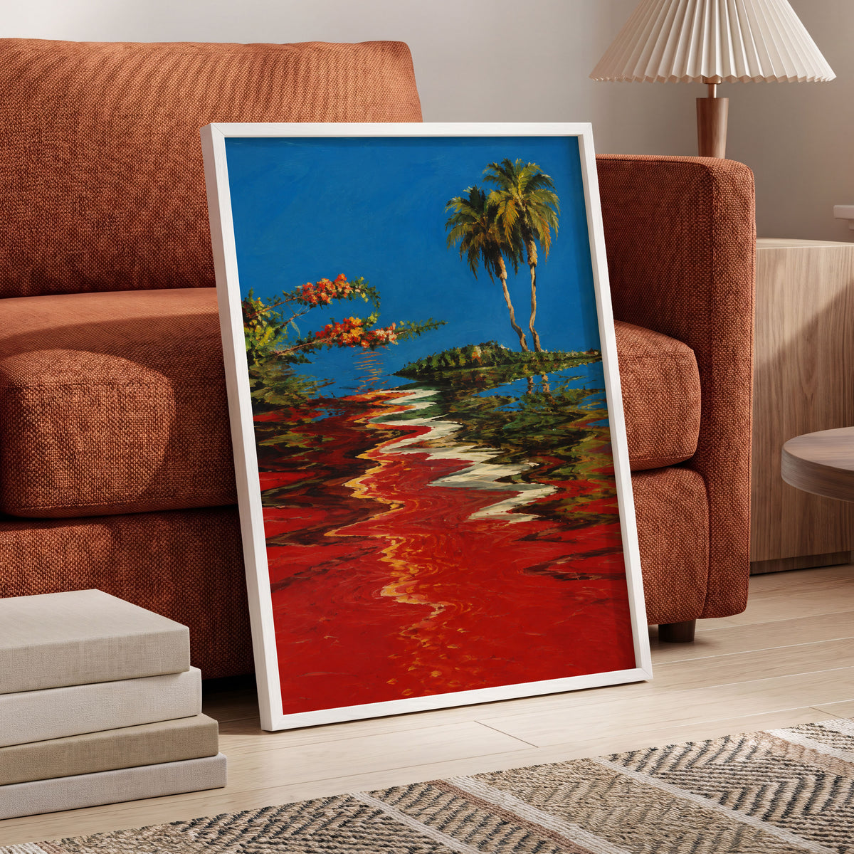 Palms on a Crimson Tide, blue, red, green nature wall art displayed in a styled interior, gallery view 6