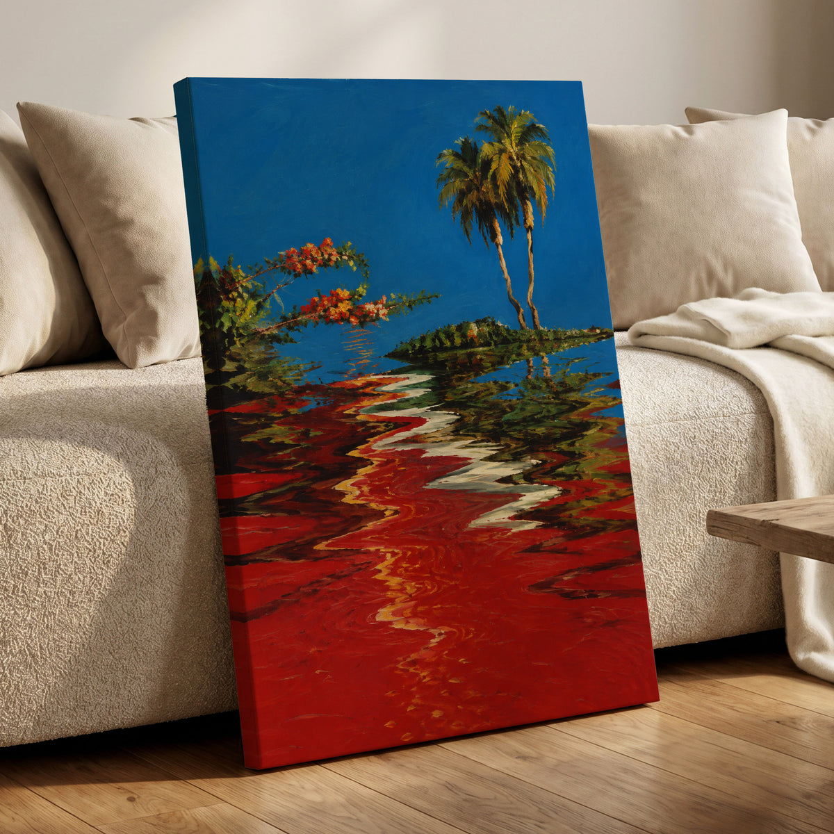 Palms on a Crimson Tide, blue, red, green nature wall art displayed in a styled interior, gallery view 7