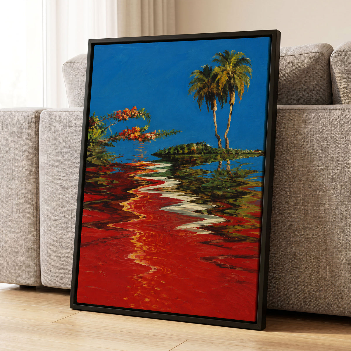 Palms on a Crimson Tide, blue, red, green nature wall art displayed in a styled interior, gallery view 8