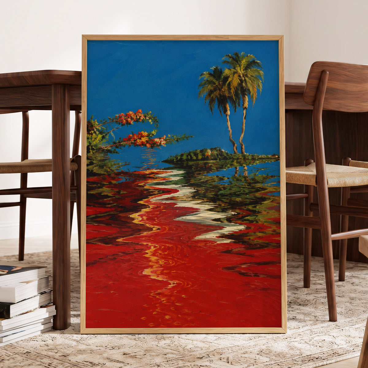 Palms on a Crimson Tide, blue, red, green nature wall art displayed in a styled interior, gallery view 9