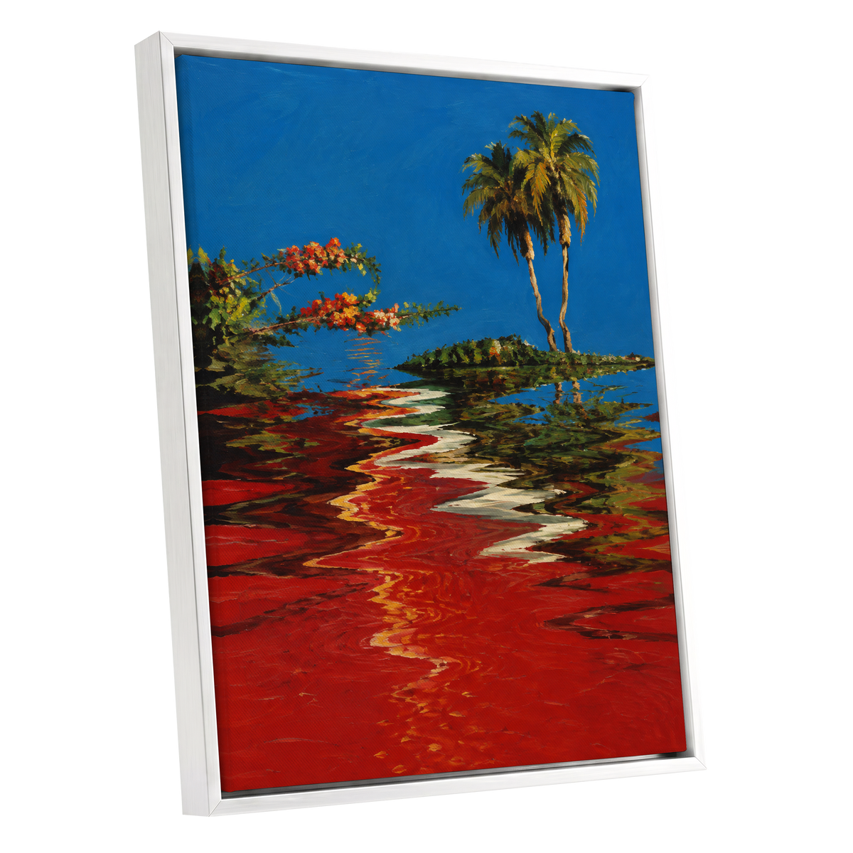 Palms on a Crimson Tide, blue, red, green nature wall art shown as a white framed canvas wall art