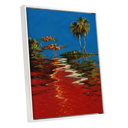 Palms on a Crimson Tide, blue, red, green nature wall art shown as a white framed canvas wall art
