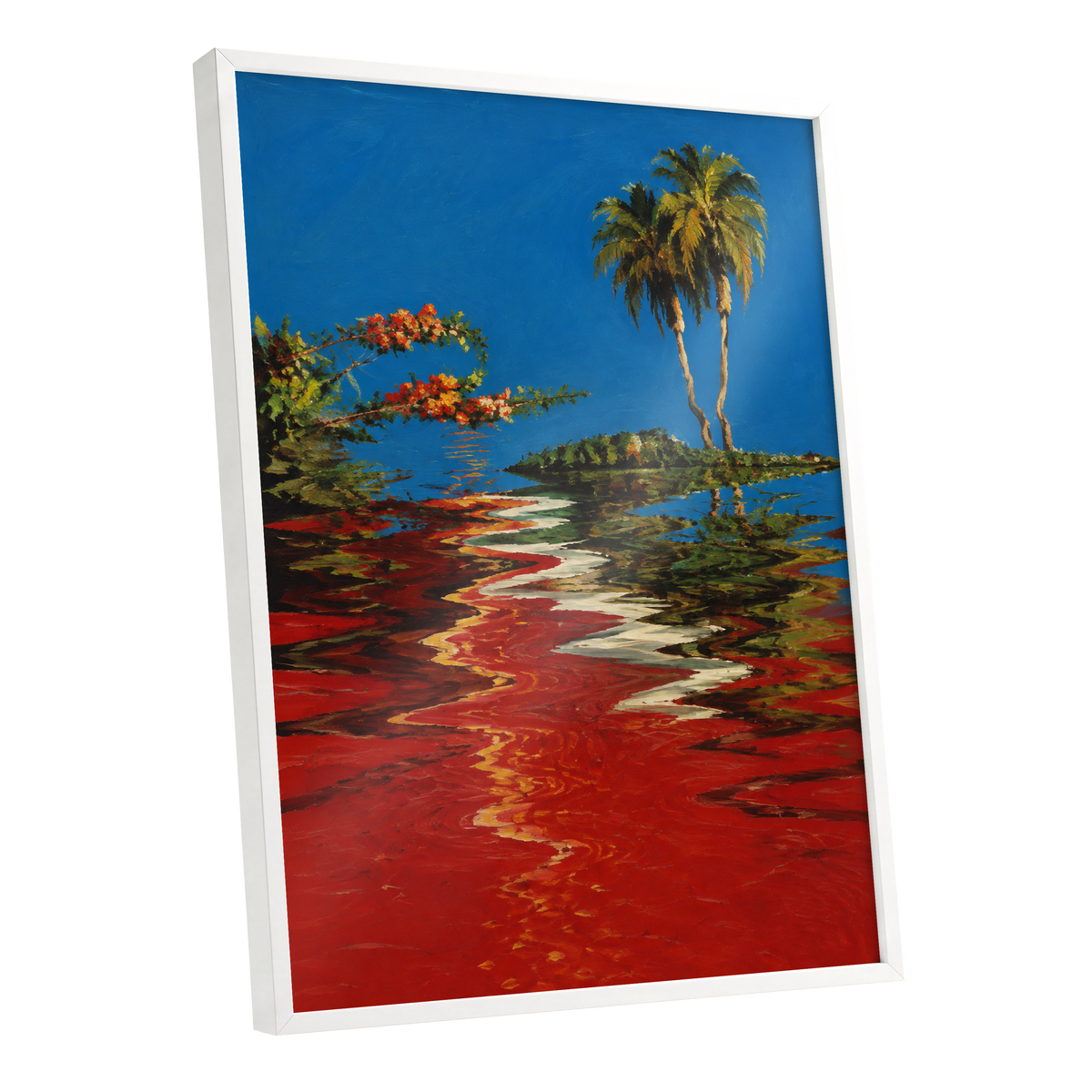 Palms on a Crimson Tide, blue, red, green nature wall art shown as a white framed poster wall art print