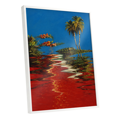Palms on a Crimson Tide, blue, red, green nature wall art shown as a white framed poster wall art print