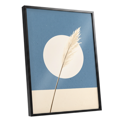 Pampas Halo, blue, beige, brown nature wall art shown as a black framed poster wall art print