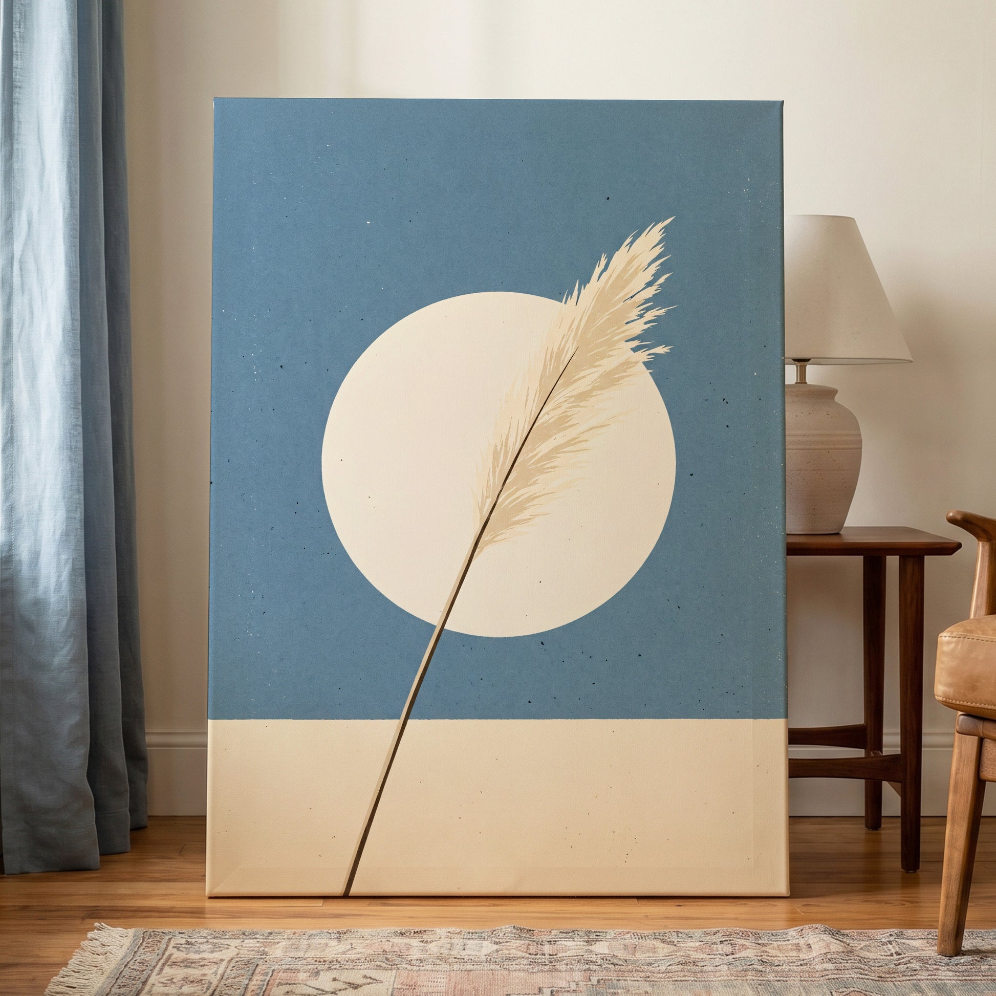 Pampas Halo, blue, beige, brown nature wall art on canvas displayed in a styled interior, gallery view 1