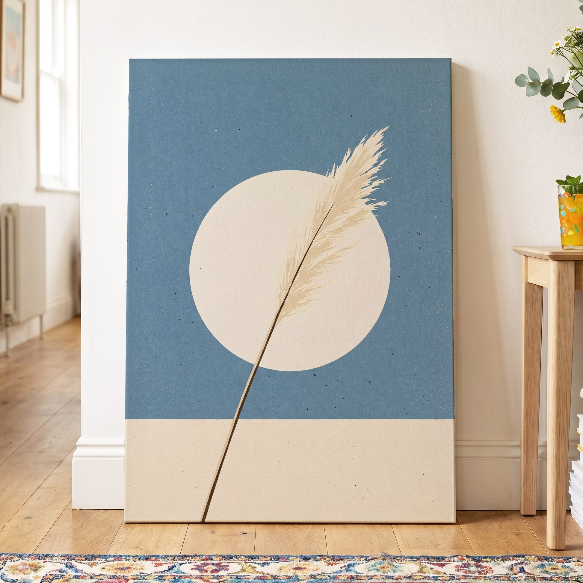 Pampas Halo, blue, beige, brown nature wall art on canvas displayed in a styled interior, gallery view 2