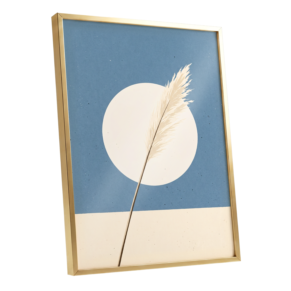Pampas Halo, blue, beige, brown nature wall art shown as a gold framed poster wall art print