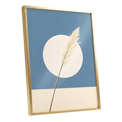 Pampas Halo, blue, beige, brown nature wall art shown as a gold framed poster wall art print
